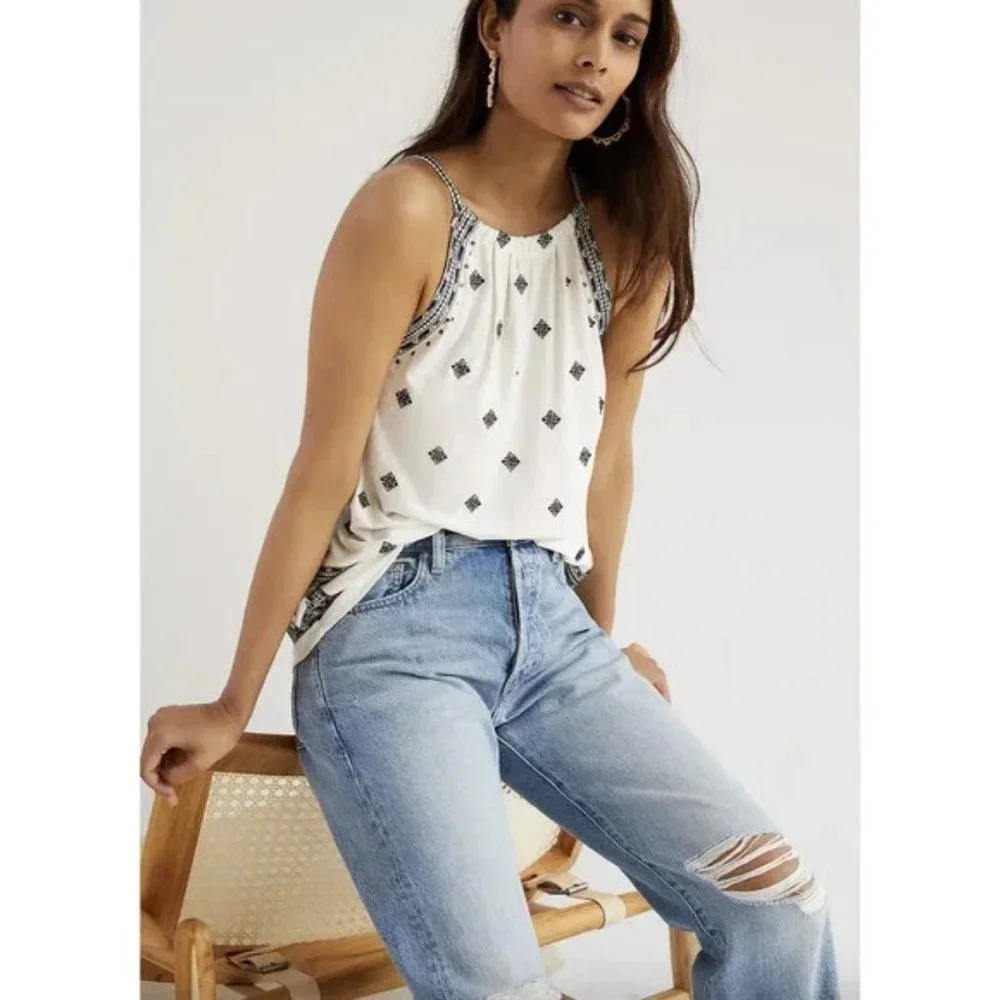 Anthropologie Embroidered Halter Tank Womens Size S Pullover Styling Black White - Picture 1 of 10